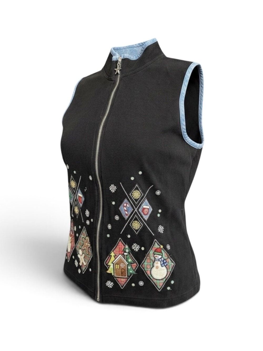 Vintage Black Christmas ‎Embroidered Zip Sweater Vest Sequin Holiday Snowflake